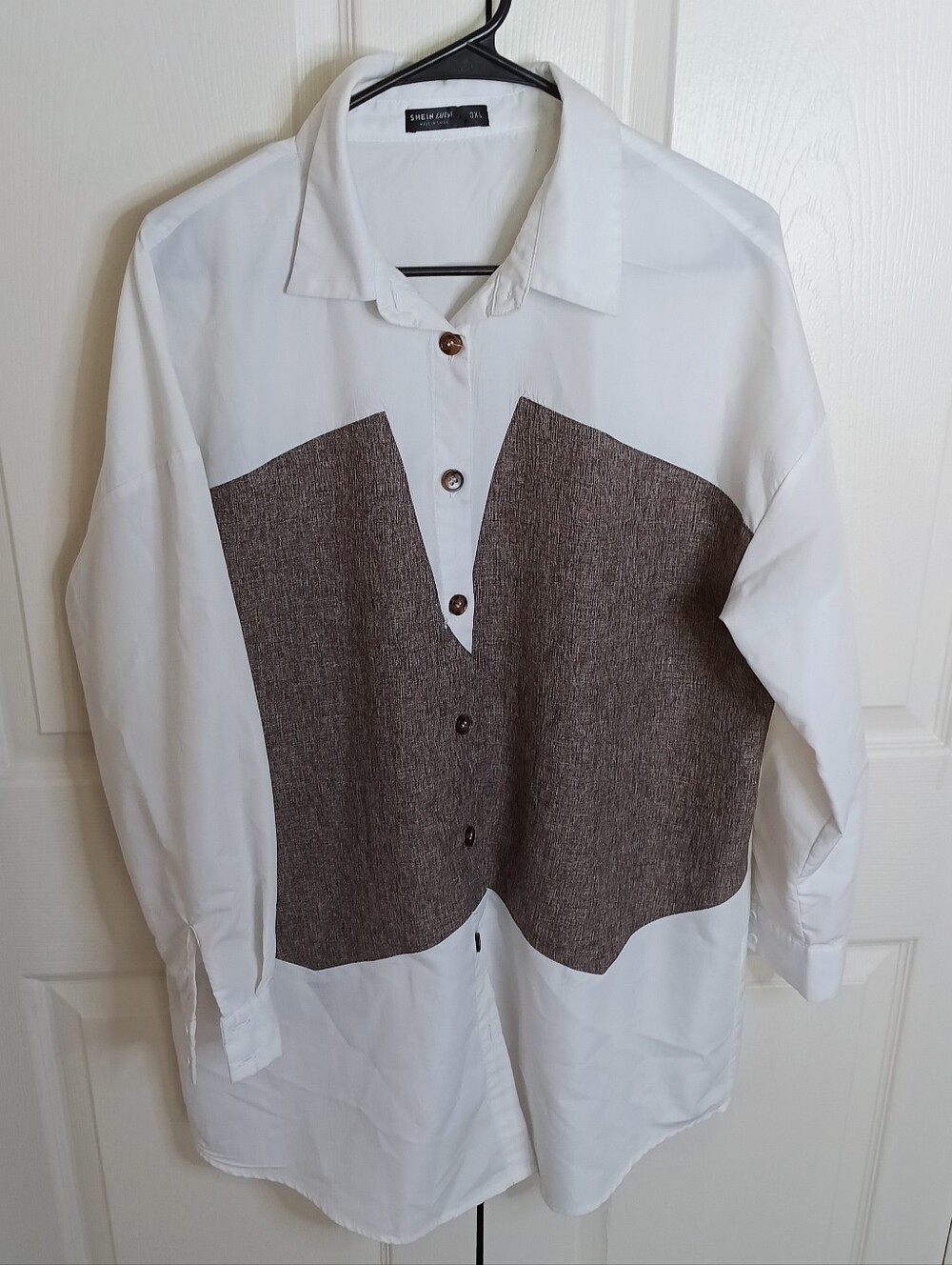 SHEIN White Button-Front Shirt with Brown Textured Panels